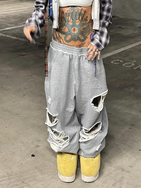 JADED LONDON DISTRESSED WIDE LEG GREY SWEATPANTS
