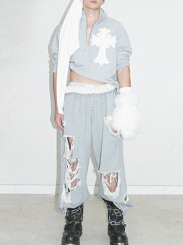 JADED LONDON DISTRESSED WIDE LEG GREY SWEATPANTS