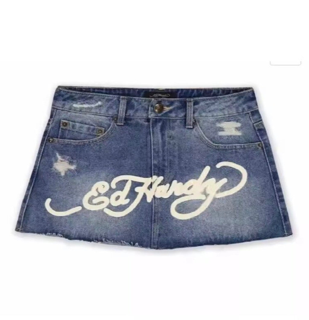 Ed Hardy Multi Tattoo Denim Skirt
