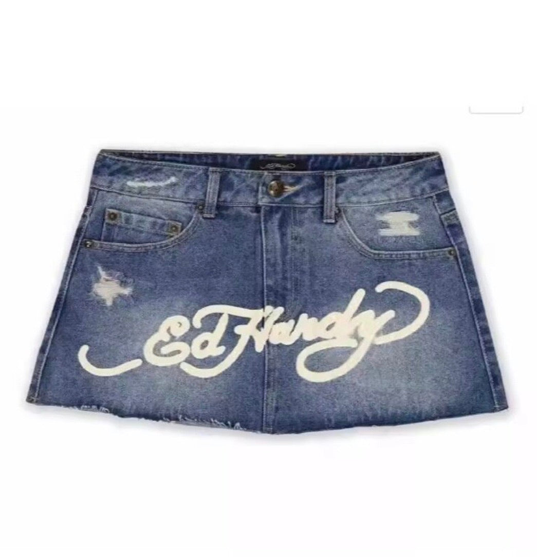 Ed Hardy Multi Tattoo Denim Skirt