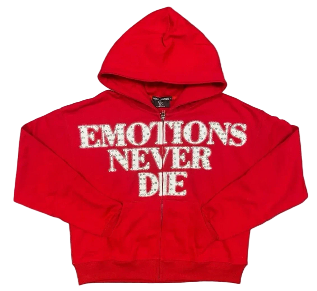 Mixed Emotions Emotions Never Die Rhinestone Hoodie Zip-Up Red