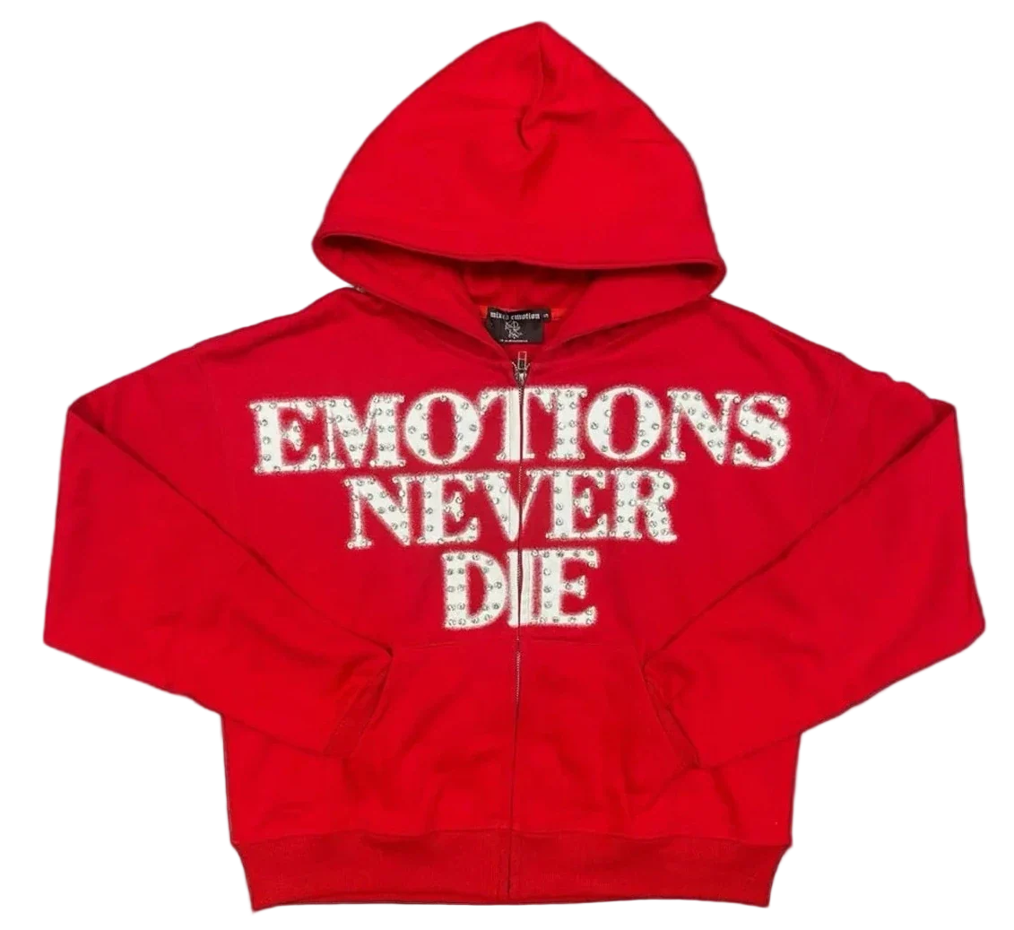 Mixed Emotions Emotions Never Die Rhinestone Hoodie Zip-Up Red