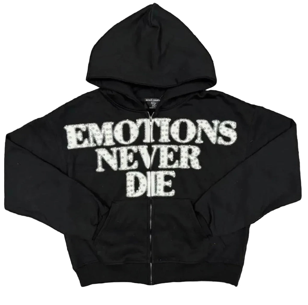 Mixed Emotions Emotions Never Die Rhinestone Hoodie Zip-Up Black