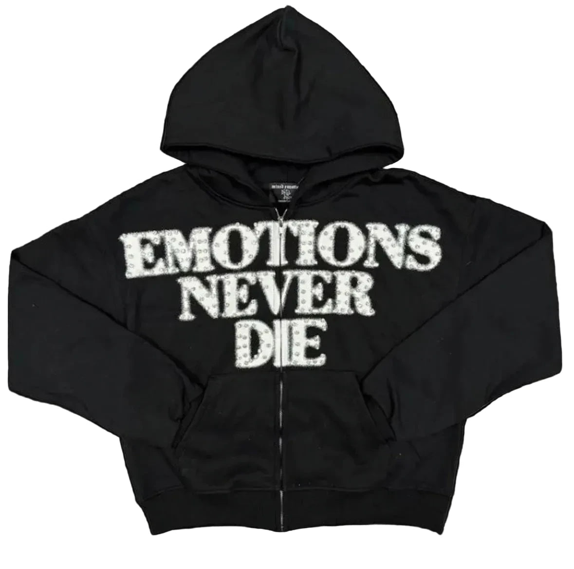 Mixed Emotions Emotions Never Die Rhinestone Hoodie Zip-Up Black