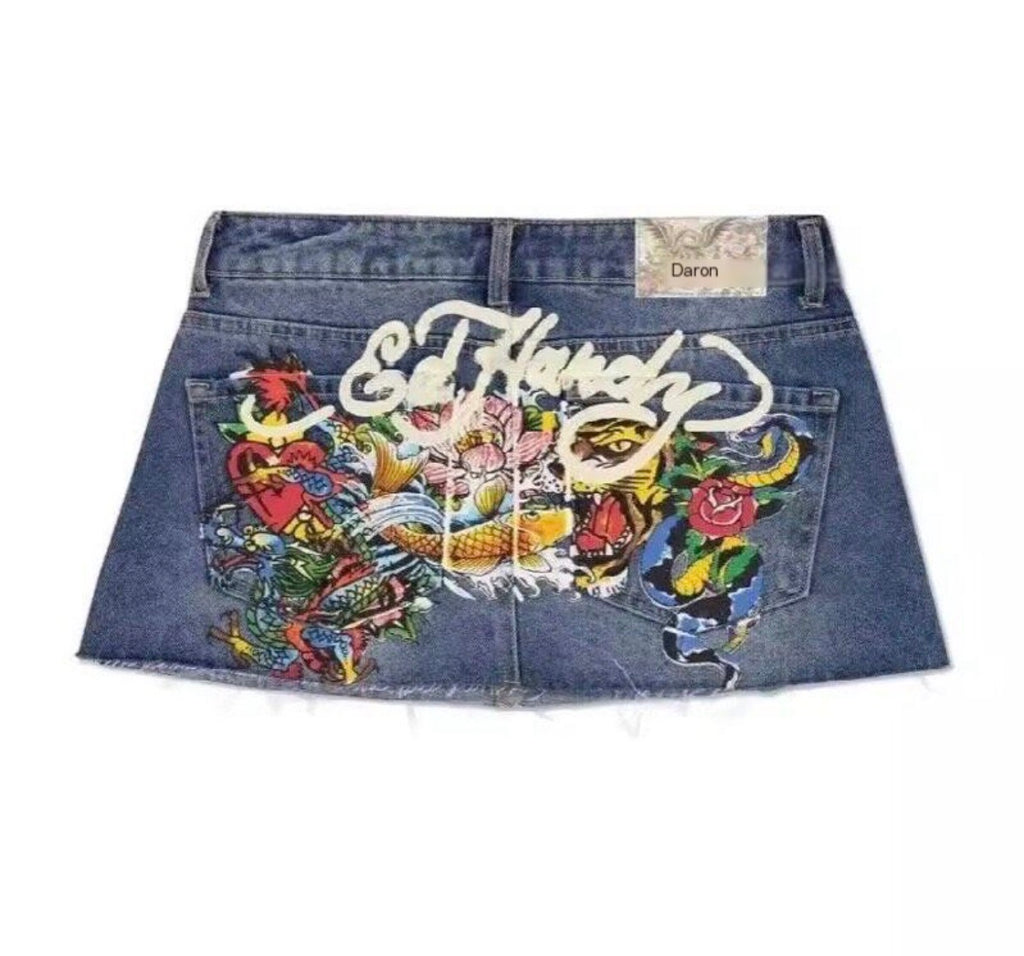 Ed Hardy Multi Tattoo Denim Skirt