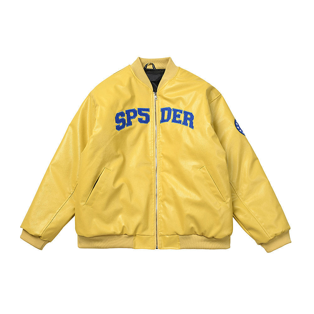 SP5DER LEATHER LOGO BOMBER JACKET YELLOW